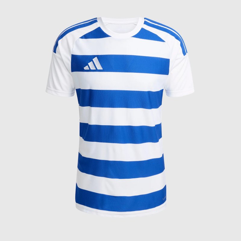 Conquest playing top, blue and white hoops